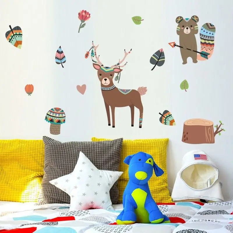 

Indian Style Cartoon Animals Wall Stickers Deer Bear Fox Window Decals for Kids Children Room DIY Wallpaper Home Decor
