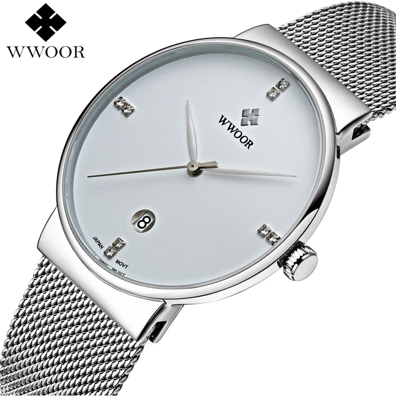 Kopen Luxe Merk WWOOR mannen Horloge Slanke Waterdichte Quartz Sport Horloges Mannen Analoge Datum Klok Man Stalen Band Horloge Relogios