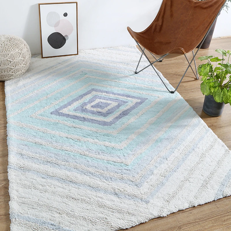 Light blue thicken cotton handmade bedside rug , living room coffee