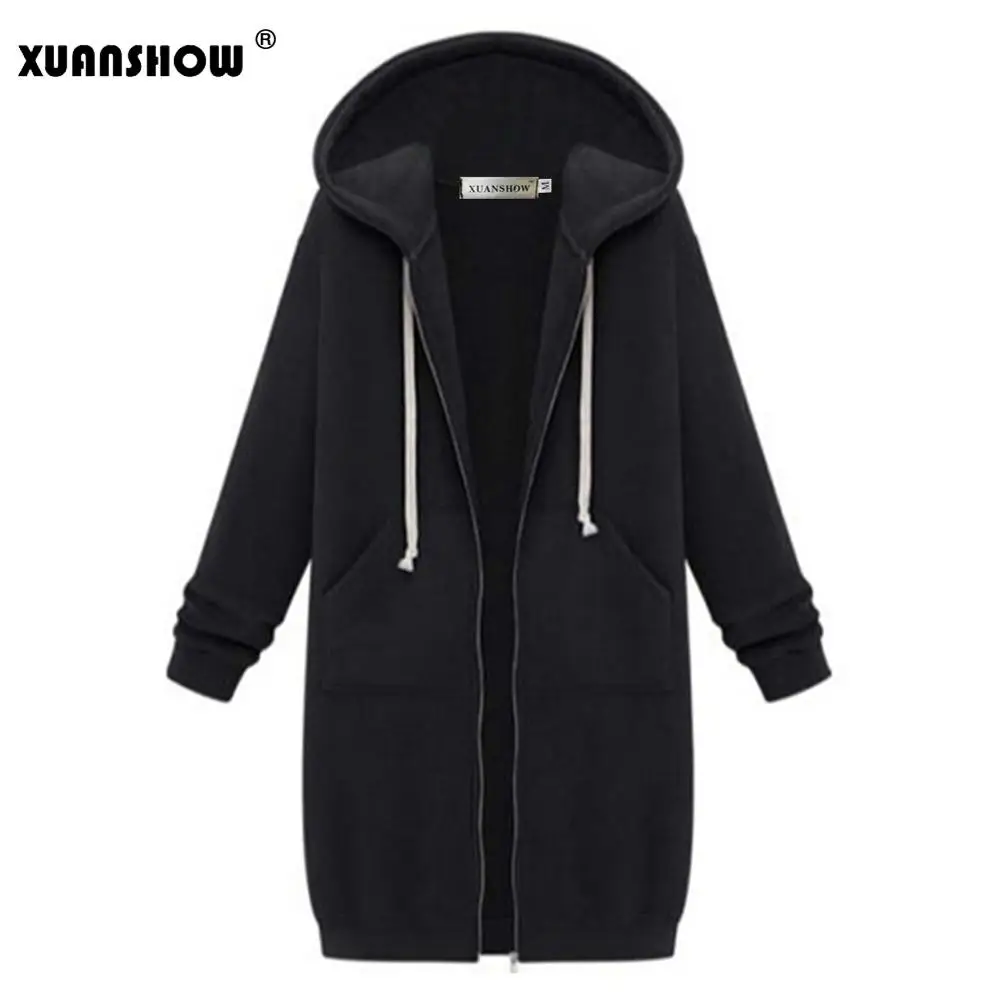 XUANSHOW женские зимние куртки модная верхняя одежда на молнии с длинным рукавом и капюшоном Женское пальто размера плюс теплое S-5XL на молнии - Цвет: Black