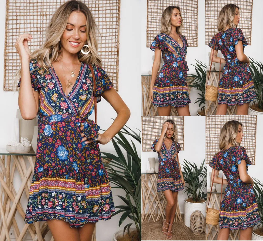 Женское пляжное платье размера плюс, Boho, летнее, с коротким рукавом, с цветочным рисунком, мини платье для женщин, с высокой талией, с v-образным вырезом, платье-туника с поясом на талии