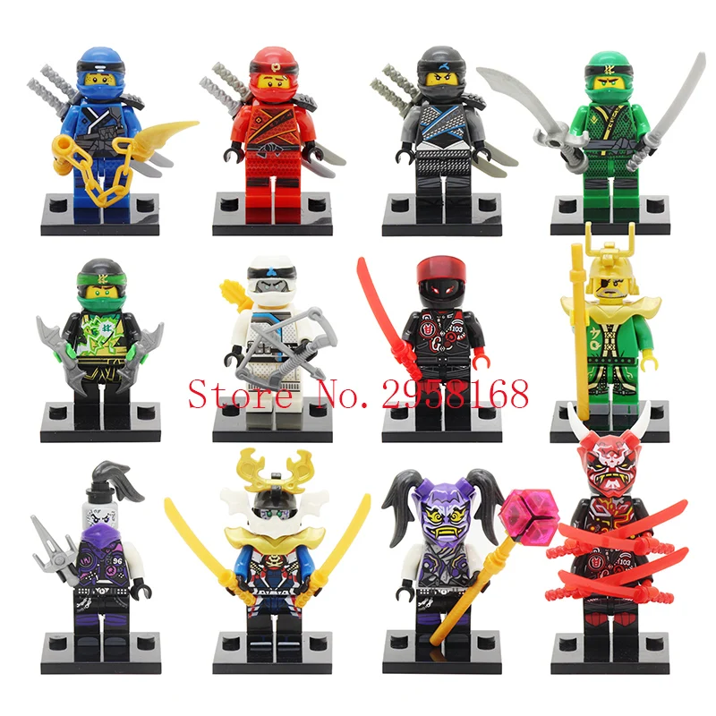 

2018 NEW Hot 12PCS Compatible LegoINGlys NinjagoINGlys Red Kaijie Mask Hatred Samurai purple mask Mr Weapons NINJA Figure Blocks