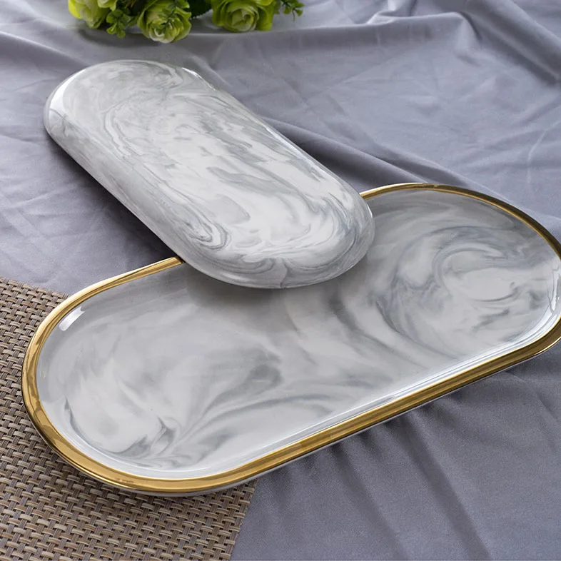 В скандинавском стиле позолоченная овальная тарелка креативная керамическая тарелка мраморная Западная тарелка набор тарелок для закусок лоток для хранения торта Органайзер