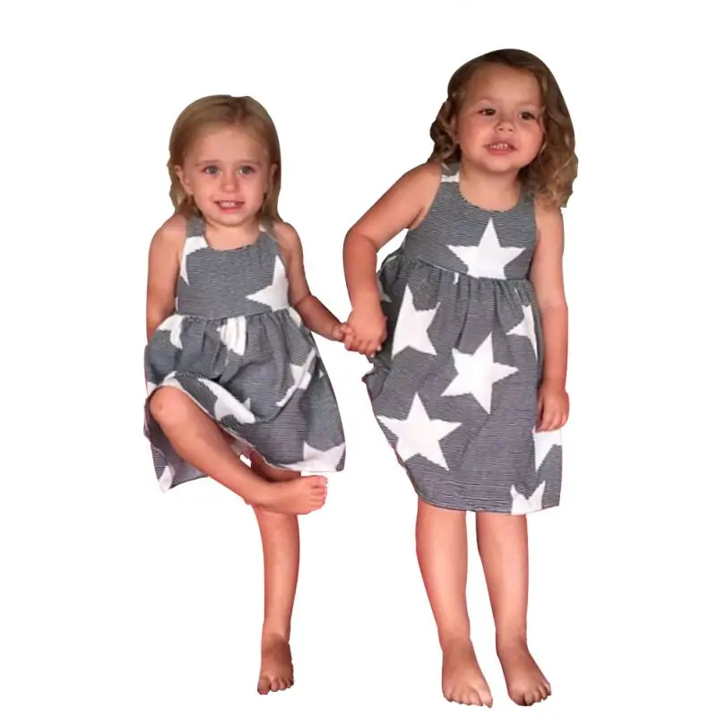 Модное платье для маленьких девочек летние дети рукавов пляжное праздничное платье с рисунком звезд, в полоску От 2 до 7 лет