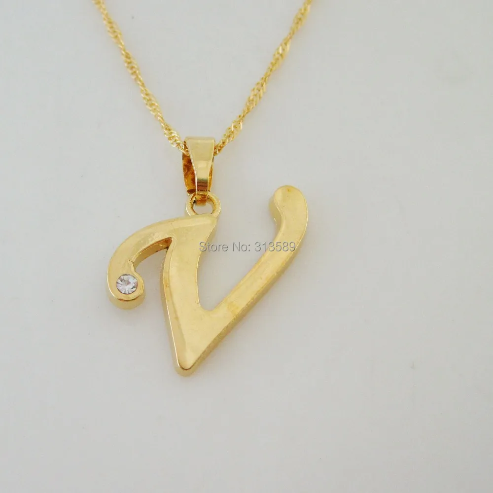 Min order 10$ CAN MIX DESIGN/ - YELLOW GOLD OVERLAY 18&quot NECKLACE&amp 26 LETTERS LETTER V INITIAL PENDANT CZ/ | Украшения и