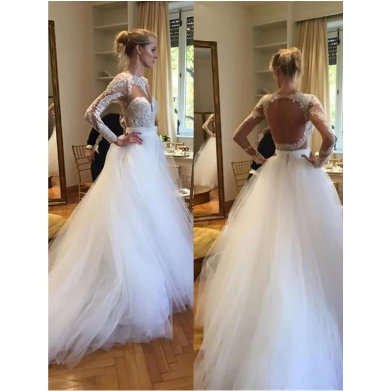 Elegant Long Sleeve Designer Lace Wedding Dresses Tulle Lace Bridal