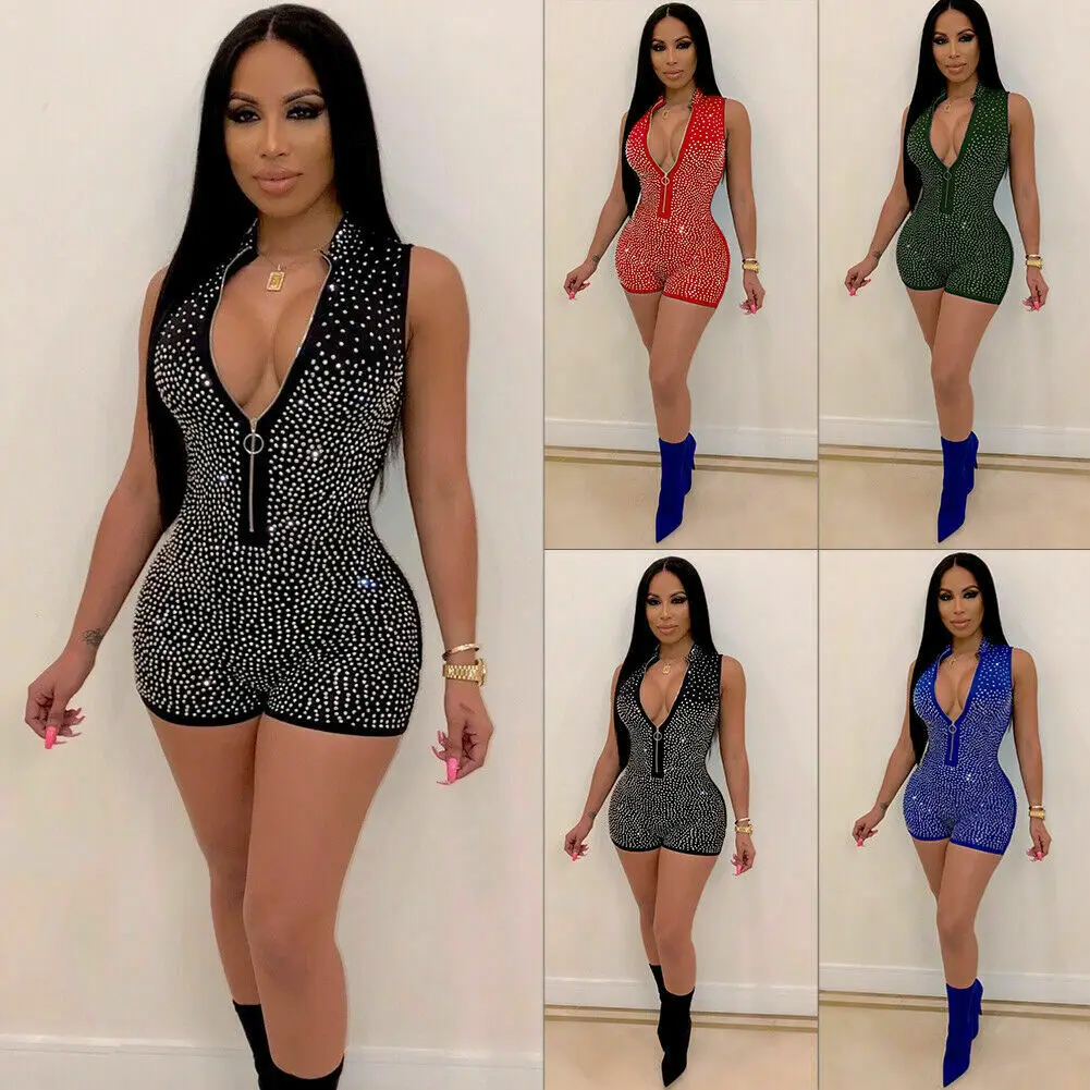 حار جديد إمرأة مثير Bodycon Playsuit الديكور الصلبة مثير أزياء الخامس الرقبة الترتر ارتداءها بذلة ضئيلة أكمام رومبير Clubwear
