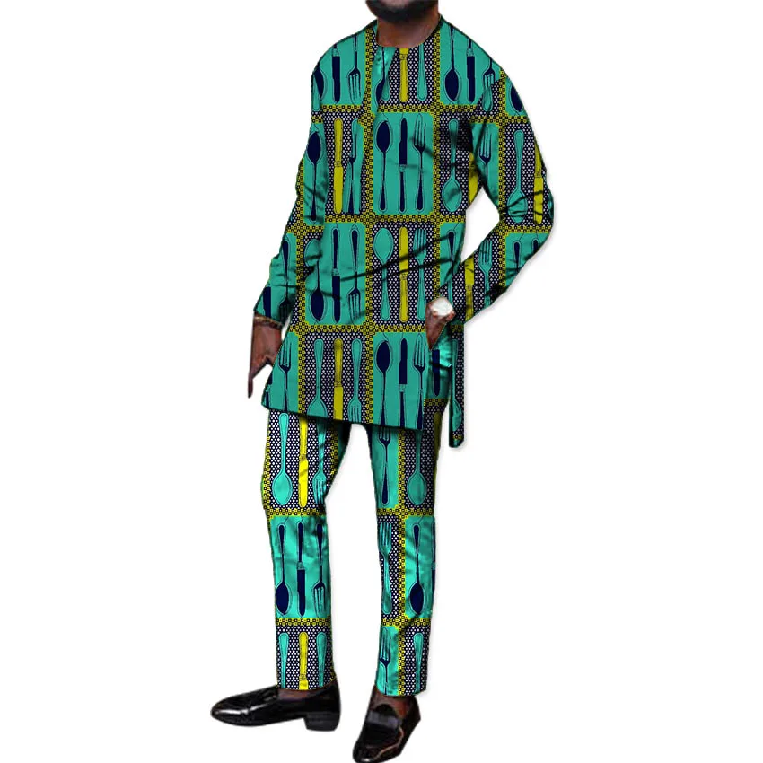 Мужские футболки, комплекты одежды в африканском стиле, мужские топы с принтом+ брюки, модный костюм с принтом, футболка+ штаны, африканская одежда для мужчин - Цвет: 1