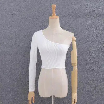 Сексуальная Женская трикотажная укороченная одежда с открытыми плечами женские белые черные топы уличная эластичная короткая рубашка вязаный короткий топ футболки - Color: White