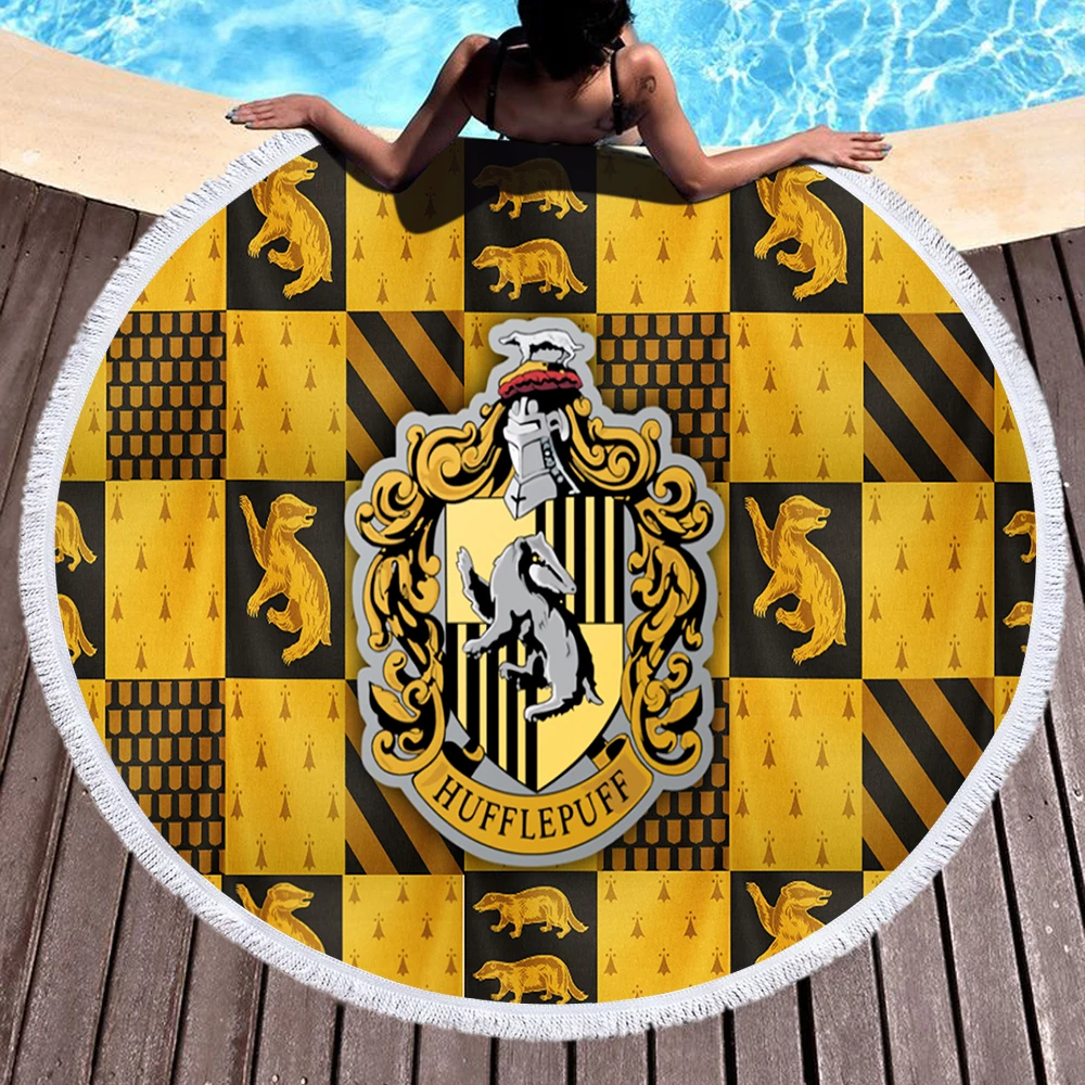 

Slytherin Ravenclaw Gryffindor Hufflepuff Round Beach Towel With Tassels Vintage Big Ben Yaga Blanket Picnic Mat Bath Towel