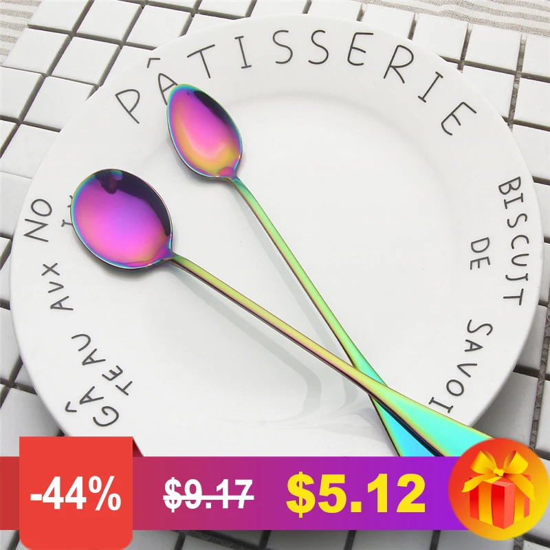 

MORGIANA 4pcs/set Stainless Steel Rainbow Coffee Scoops Long Handled Stirring Scoop For Coffee Milk Dessert Cake Tea Scoop