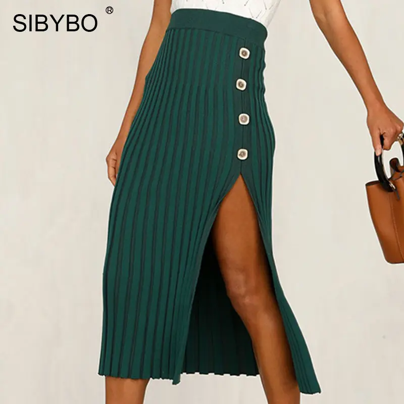 SIBYBO сексуальные женские юбки в рубчик с разрезом сбоку, модная женская летняя юбка с высокой талией, женские пуговицы для юбки, однотонная повседневная женская юбка - Цвет: Зеленый