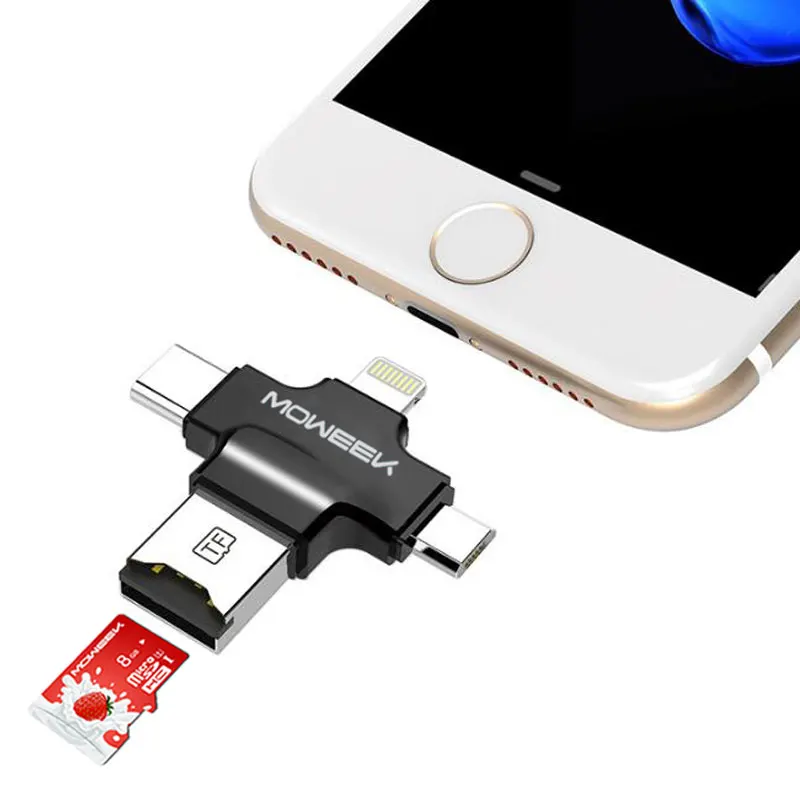 Moweek мульти-Функция 4 в 1 кард-ридер Тип-c/Lightning/Micro USB/USB 2,0 все в 1 Micro SD-ридер для iPhone 5/5S/6/6 plus/6s