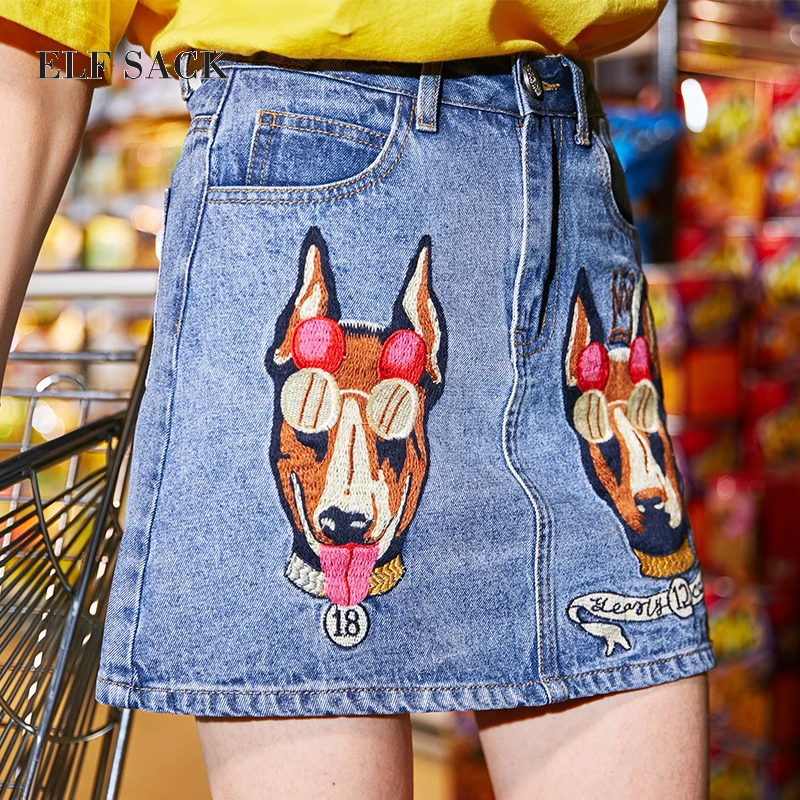 ELF SACK Summer New Women Denim Skirts Casual Animal Printed Sweet