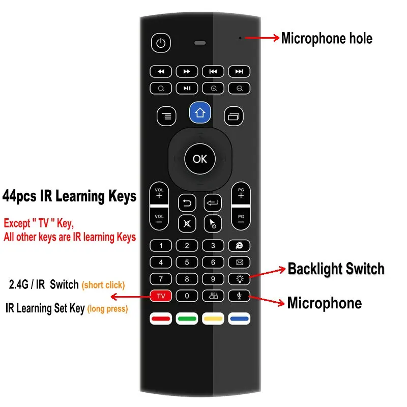 Tikigogo TK3 микрофон с подсветкой 2,4G Air mouse Мини-Клавиатура 44 IR Learning для Android Smart tv Box PK MX3 t3 пульт дистанционного управления