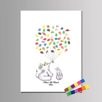 

Personalize Canvas Print Wedding Guestbook Cartoon Birthday Gift Elephant Rabbit For Fingerprint Alternative Keepsake with Ink