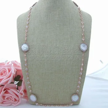 

N050102 34" White Coin Pearl Crystal Chain Necklace