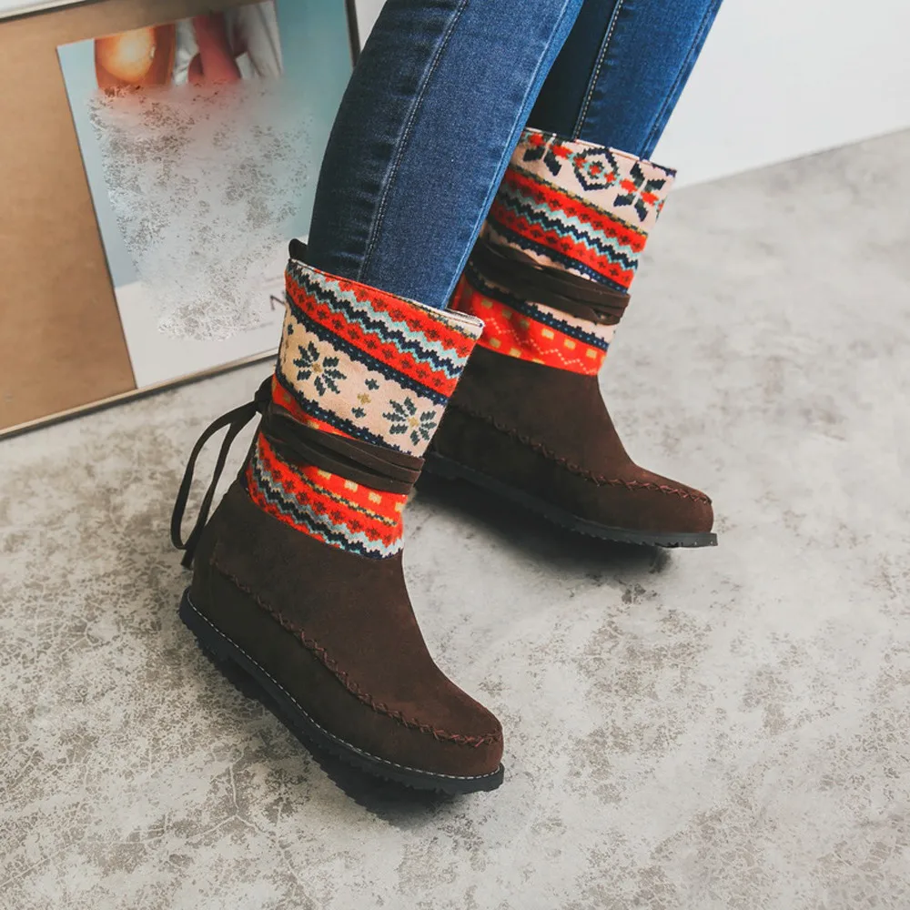 

Ethnic 2019 mid calf boots woman Keep Warm Retro winter boots women Lace-Up Ranch Ladies platform boots chaussures femme