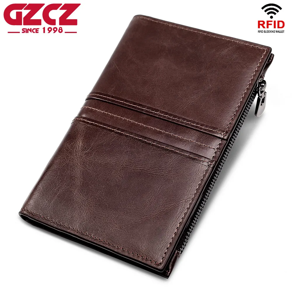GZCZ мужской кошелек из натуральной кожи RFID для монет двойные длинные кошельки на
