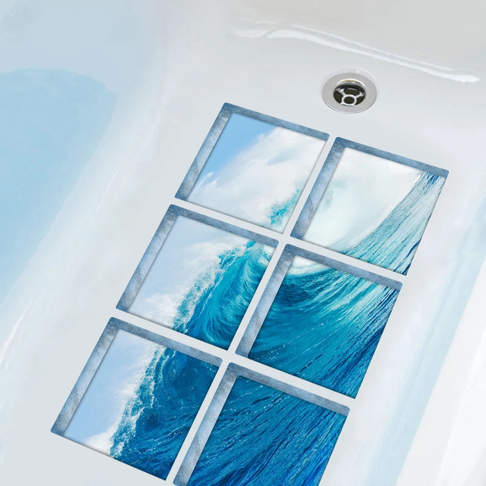 6pcs/set Wave 3D Bathtub Stickers Waterproof Adhesive Non Slip Bath