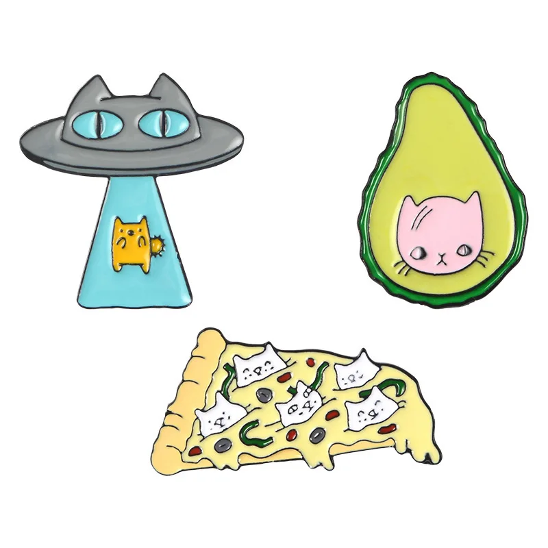 

Explosion Cartoon Funny Alien Cat Avocado Pizza Pattern Brooches Metal Alloy Badges Brooch Pins for Backpack Clothing Decoration
