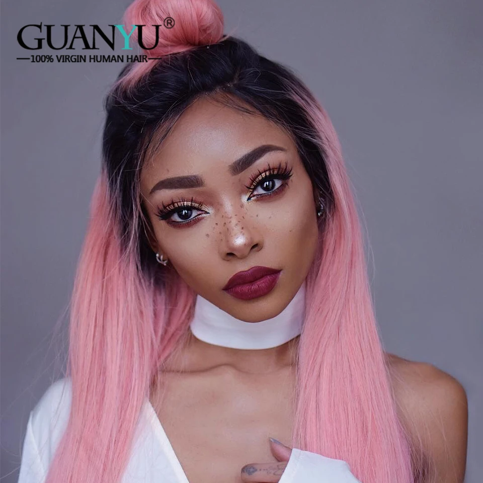 

Guanyuhair #1B/Pink Ombre Hair Weave 3 Bundles With 13x4 Lace Frontal Closure Ear to Ear Brazilian Straight Remy Human Hair