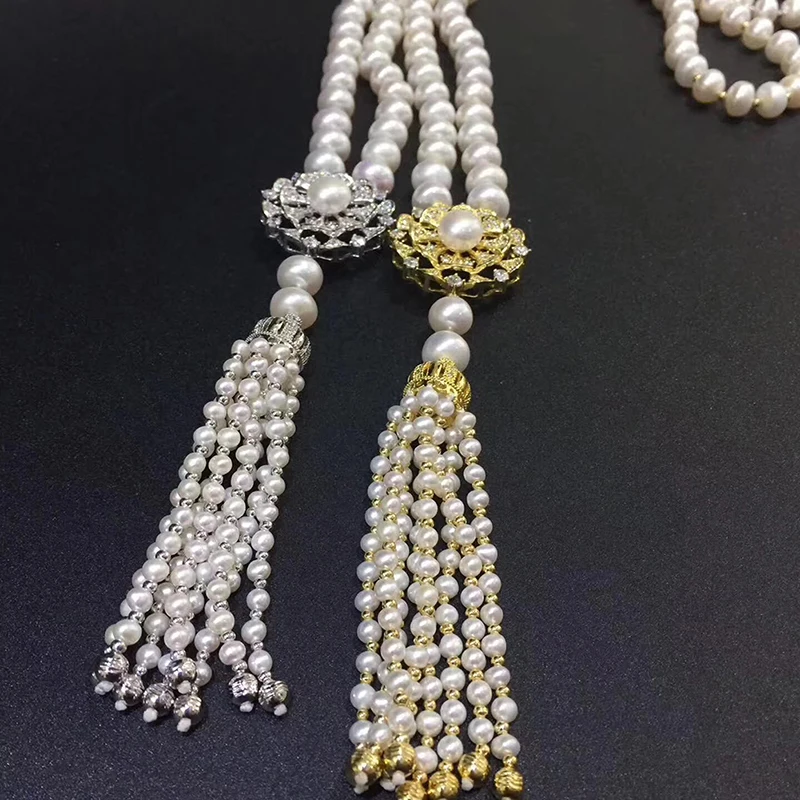 Sinya Tassels fashion Sweater chain Natural pearls Strand long necklace for Women Mum lover gold or white gold color optional  (9)