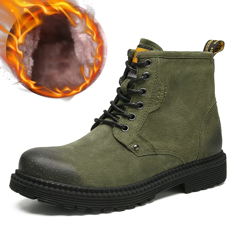 

Cotton Men Martin Boots with Winter High Top Genuine Leather Boots for Men Spring Autumn Flat Hard Wearing Boots Fur Warm Shoes