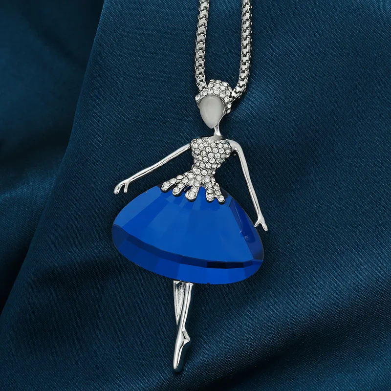 AMORUI Ballet Girls Trendy Pendant Necklace Blue Silver Pendant Women Chain Necklace Fashion Women Stainless Steel Necklaces