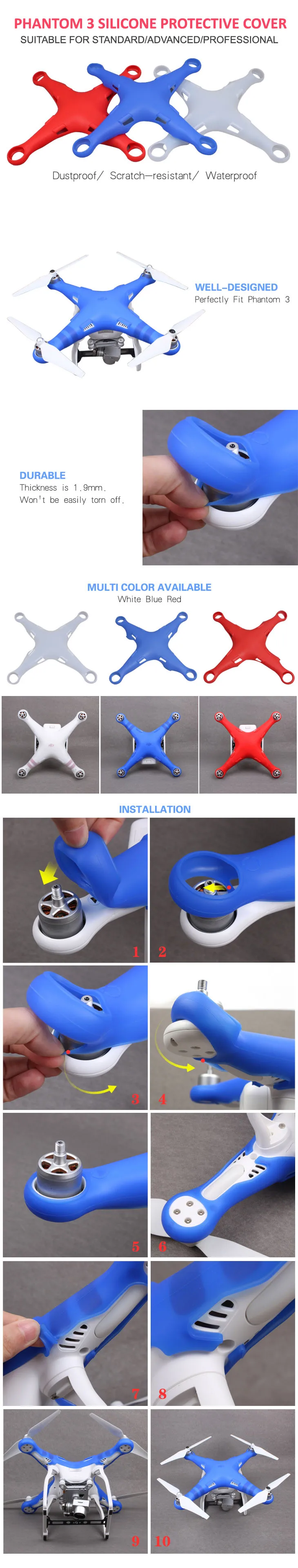 DJI Phantom 3 Standard Advance Professional Body Shell Protective Silicone Cover Red White Blue 3 Colors