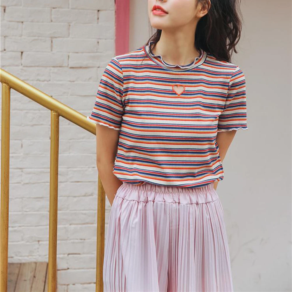 

Summer Women Colorful Stripe T Shirt Short Sleeve Tops Casual Trendy Tee Shirt 2019 Harajuku Tshirt Plus size camiseta feminina