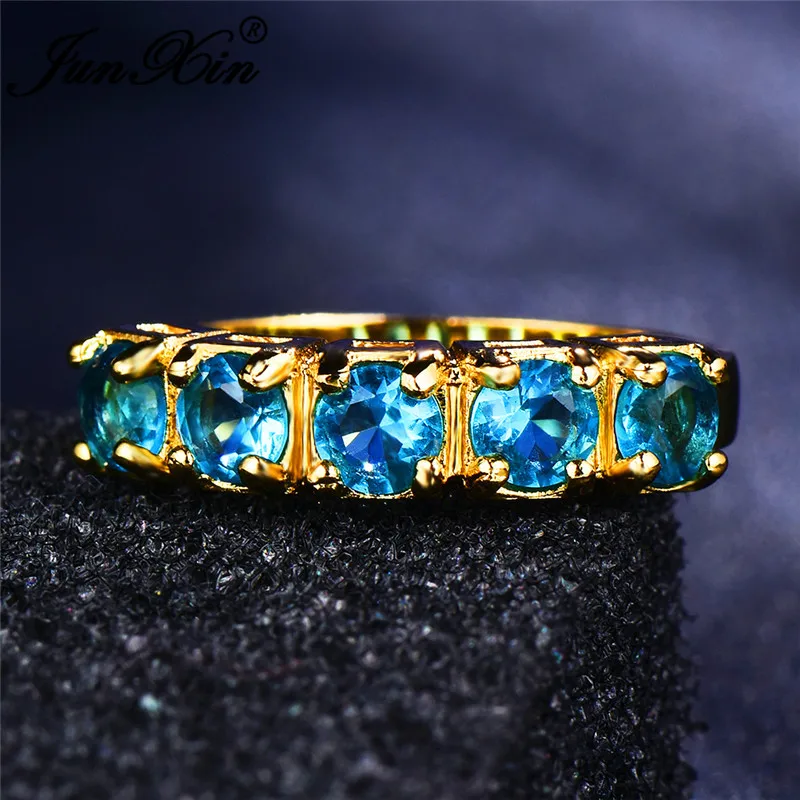 JUNXIN трендовые женские прозрачные синие Каменные Свадебные Кольца для женщин, желтое Золотое заполненное однорядное круглое кольцо среднего размера CZ