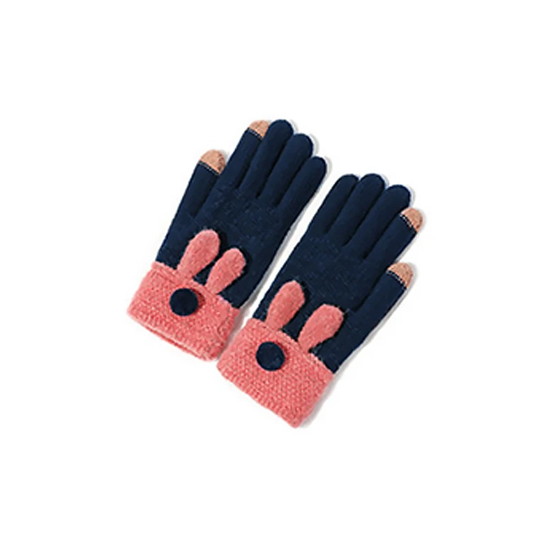 1 пара теплых шерстяных вязанных ветрозащитных перчаток для осени и зимы, милые женские перчатки с кроликом для девушек, перчатки с сенсорным экраном, Женские варежки BH - Цвет: Navy Blue