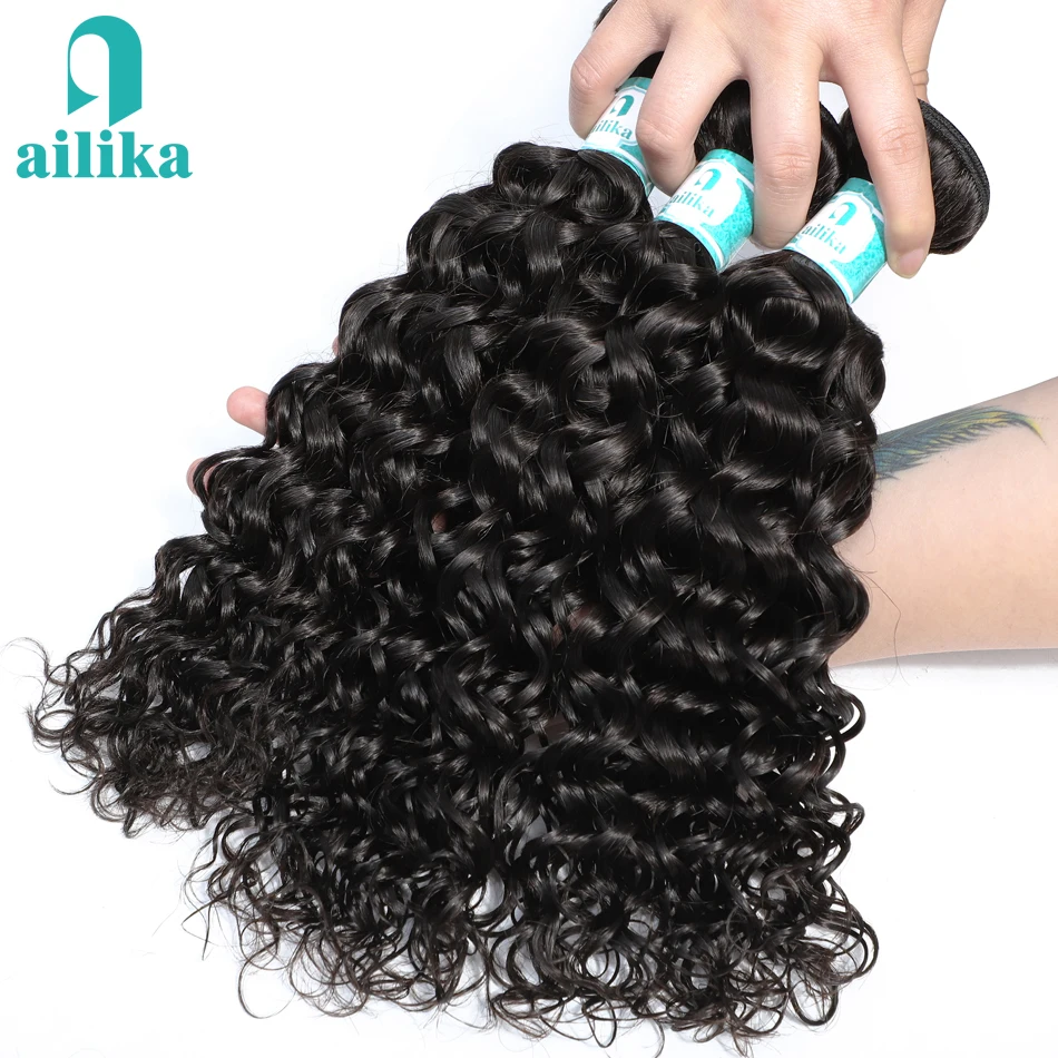 

AILIKA Hair Indian Water Wave Hair Bundles 100% Human Hair Weaving 1/3/4 Bundle Deals Non Remy Hair Extension Natural Color