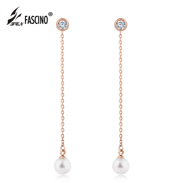 Elegant Simulated Pearl Stainless Steel Drop Earrings Long Chain Elegant Simulated Pearl Stainless Steel Drop Earrings Long Chain Tel For Women Fashion Jewelry Brincos