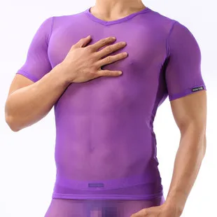 Модная мужская пикантное прозрачное белье Экзотическая сетчатая Прозрачная майка с короткими рукавами фитнес Brave person футболка