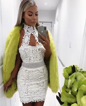 

Summer Fashion Sexy Halter Backless White Lace Bandage Dress 2018 Knitted Elastic Bodycon Party Dress