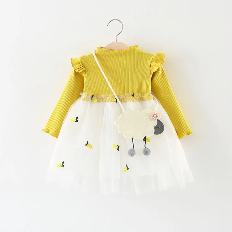 Вязаное платье Милая одежда для малышей и новорожденных кружевное повседневное Хлопковое платье с длинными рукавами с ананасами, 9, 12, 18, 24 месяцев - Цвет: yellow