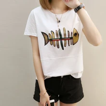 Футболка с рыбками Женская забавная подиумная молния Топ летняя дикая футболка Ulzzang Harajuku Графические футболки стежка Vetement Femme T021F