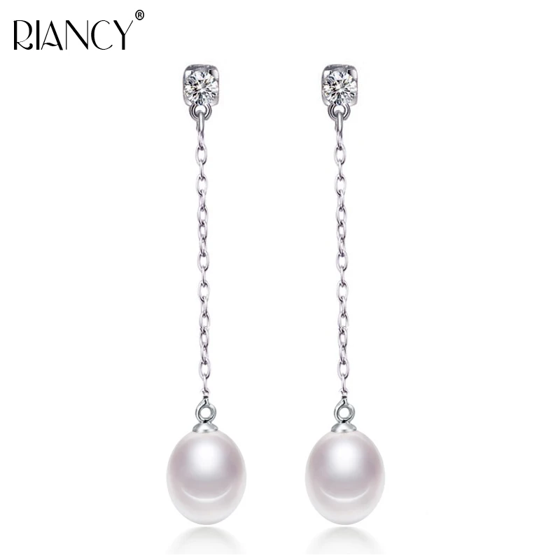 

Simple trendy earrings with natural freshwater pearls, shiny long 925 sterling silver women, geniue pearl jewelry mom lover gift