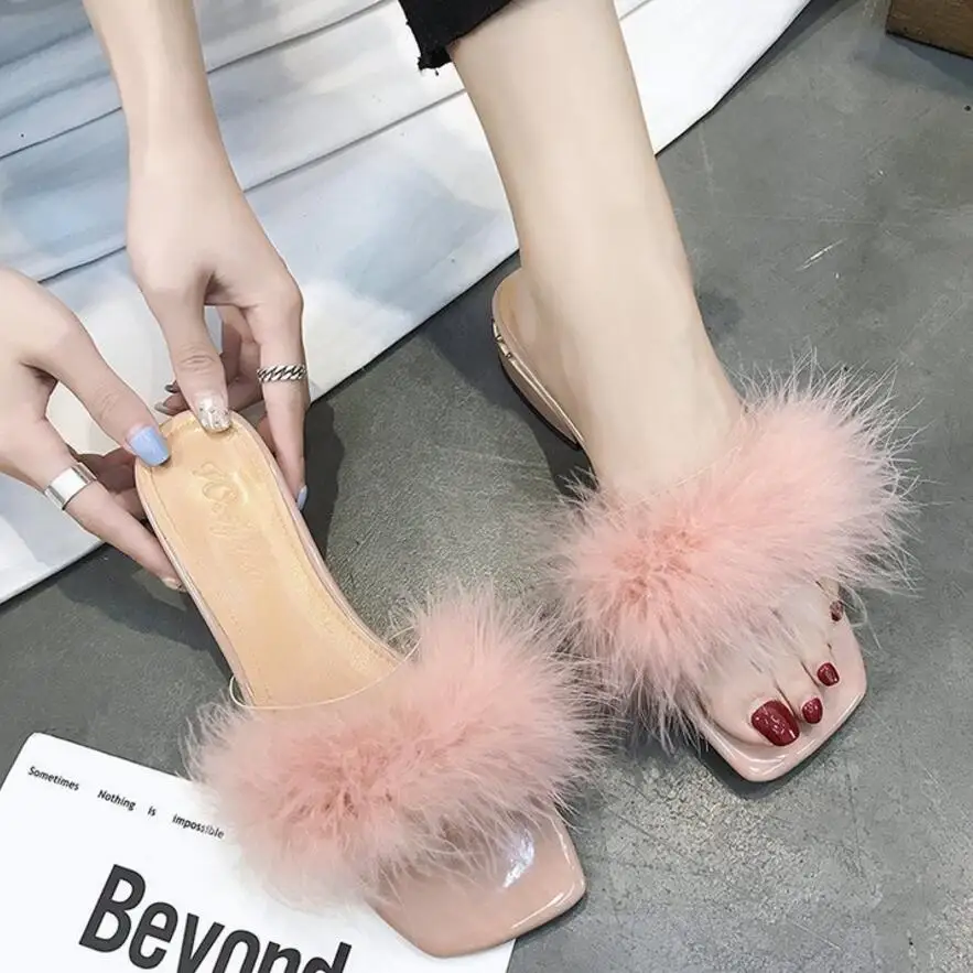 pink fur sandals