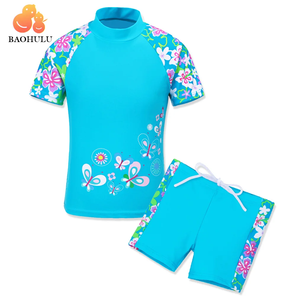 BAOHULU/купальный костюм с короткими рукавами и принтом для девочек, детский купальный костюм с защитой от УФ-лучей, 50+, детский пляжный купальный костюм из двух предметов