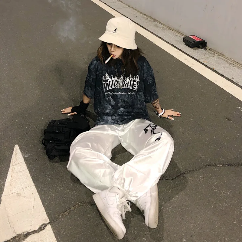 

Qlychee Dragon Print Summer Women White Pants Sport Satin Section Women Pants Elastic Waist Loose High Waist Lady Long Pants