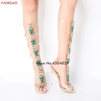 

Lady Rhinestone Knee High Boots Thin High Heels Stiletto Crystal Dress Summer Shoes Pumps Bohemia Style