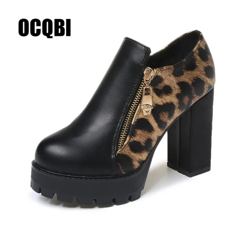 

OCQBI Women Winter Ankle Martin Boots Female PU Leather Round Toe Thick Heels Shoes Woman Platform 10.5cm Boots High Heel Shoes