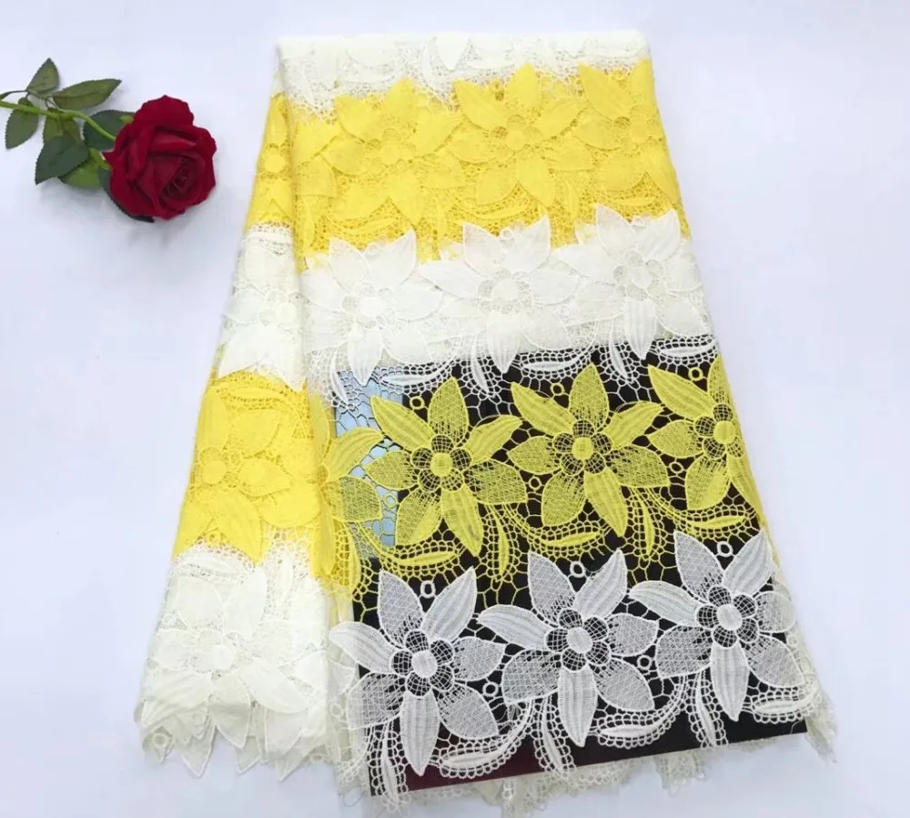Yellow and white nigerian guipure lace embroidery fabrics flower