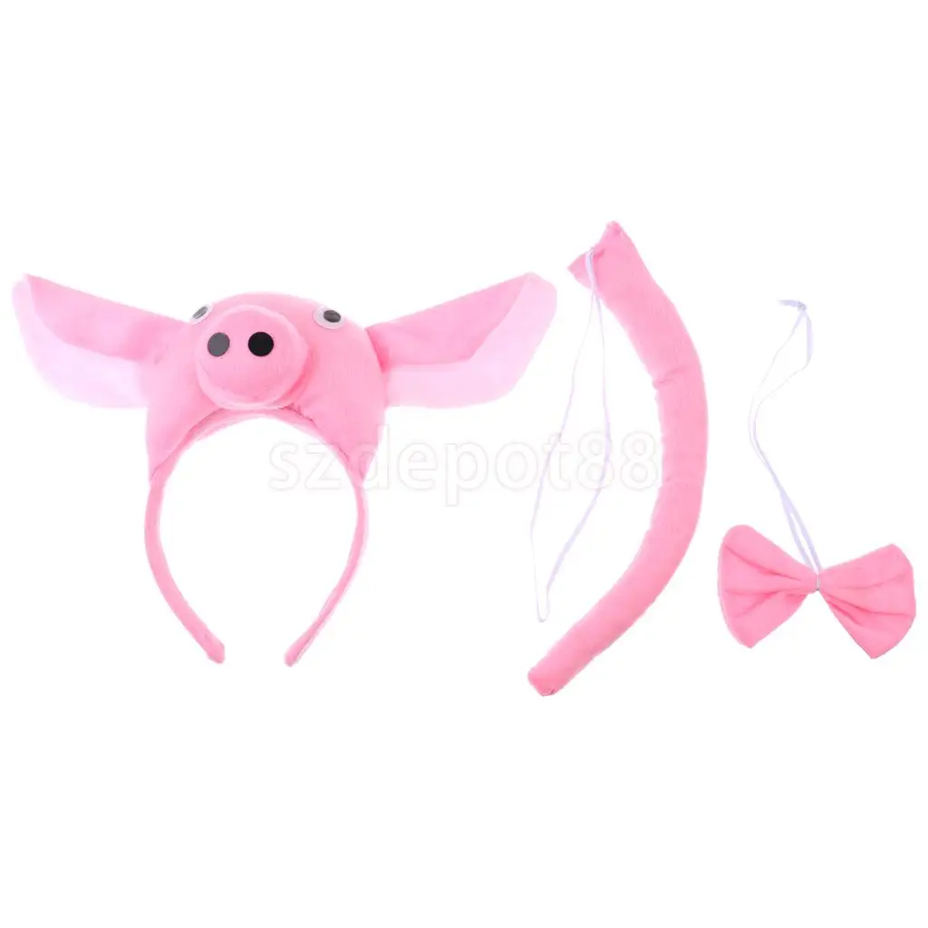 Kids Animal Pig Piggy Costume Kit Head Band Bow Tie Tail Set Fancy Dress