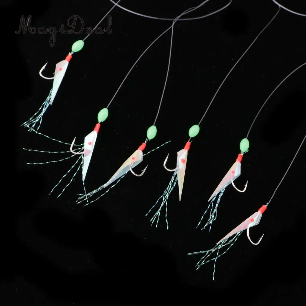 Saltwater Sea Fishing Rig Lures Fish Skin Flasher Sabiki Rig Crankbait with Luminous Bead and Hook 6#