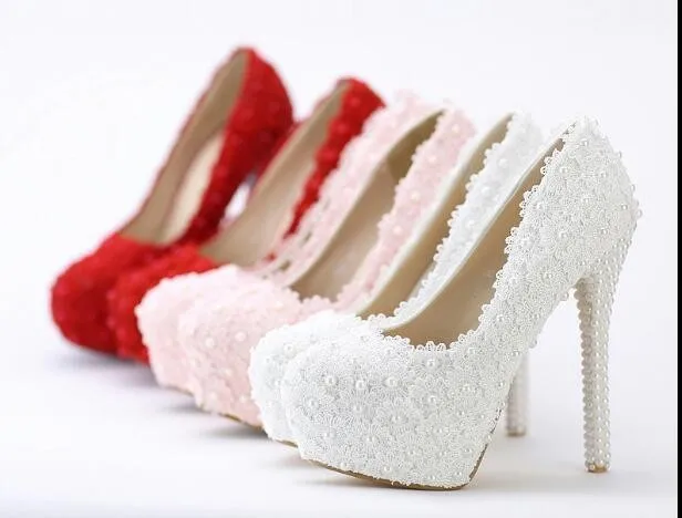 Women-Fashion-Sweet-White-red-Flower-Lace-Platform-High-Heels-Pearls-rhinestone-Wedding-Shoes-Bride-Dress