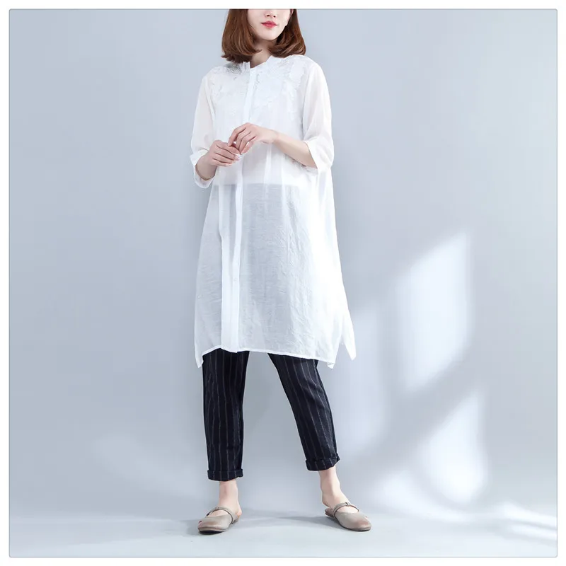 

[EWQ] 2019 Summer New Pattern Office Lady Style Half Length Sleeve Floral Embroidery Loose Sunscreen Square Collar Shirt AF829